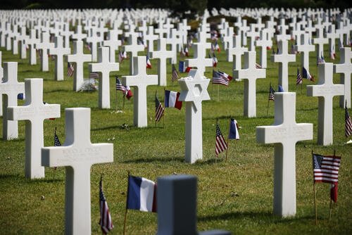 Headstones are pictured in the American Cemetery in Colleville-sur-Mer, Normandy, Monday June 5, 2023. Dozens of World War II veterans have traveled to Normandy this week to mark the 79th anniversary of D-Day, the decisive but deadly assault that led to the liberation of France and Western Europe from Nazi control. (AP Photo/Thomas Padilla)
