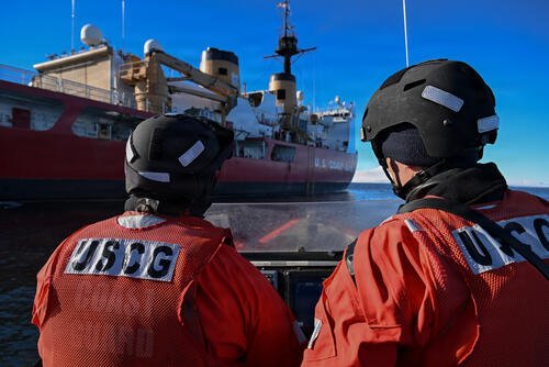 USCGC Polar Star (WAGB 10) crew members observe the cutter from a 26-foot Cutter Boat-Large (CB-L) in the Ross Sea during Operation Deep Freeze 2026, Feb. 21, 2026. (U.S. Coast Guard photo by Petty Officer 2nd Class Christopher Bokum)