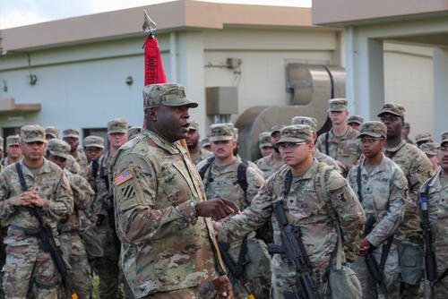 Command Sgt. Maj. John Brown, senior enlisted advisor of the 38th Air Defense Artillery Brigade, provides a rousing speech to the Soldiers of Bravo Battery before departing on a deployment to the United States Central Command area of responsibility on August 19, 2024 at Kadena Air Force Base, Japan. (U.S. Army photos by Capt. Frank Spatt)
