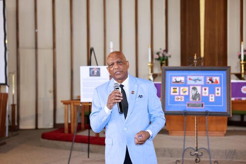 The Greater Philadelphia Chapter of the Tuskegee Airmen board member James Thompson honors the legacy of the Tuskegee Airmen in Philadelphia, Penn., on March 28. (The Greater Philadelphia Chapter of the Tuskegee Airmen)